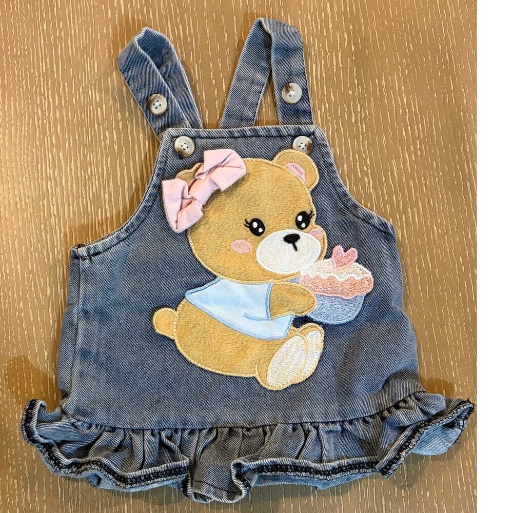 Baby Girl 0-3 Months Denim Jumper‎ Dress Teddy Bear Applique Ruffle Hem Overall